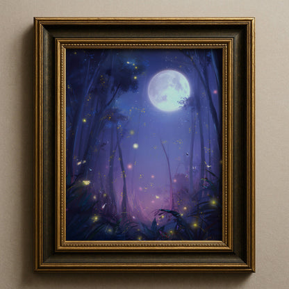 Enchanting Fireflies in a Forest Poster, Whimsical Lightning Bugs Print, Magical Glow Bugs Forest Wall Art, Dreamy Home Decor, Unframed
