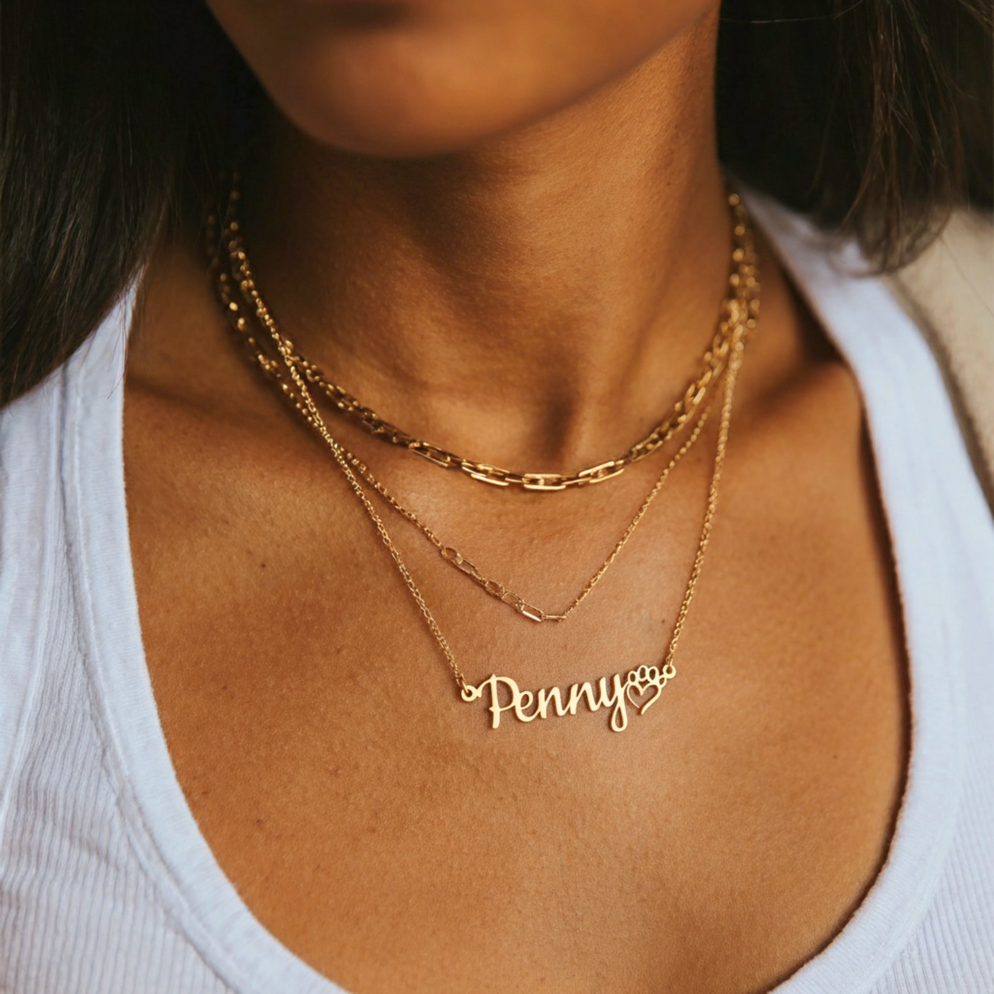 Personalized Dog Paw Heart Name Necklace, 18k Gold Plated Custom Dog Name Necklace
