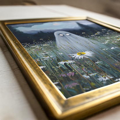 Haunted Ghost in Meadow Poster, Spooky Eerie Ghost Moonlit Wildflower Field Wall Art Print