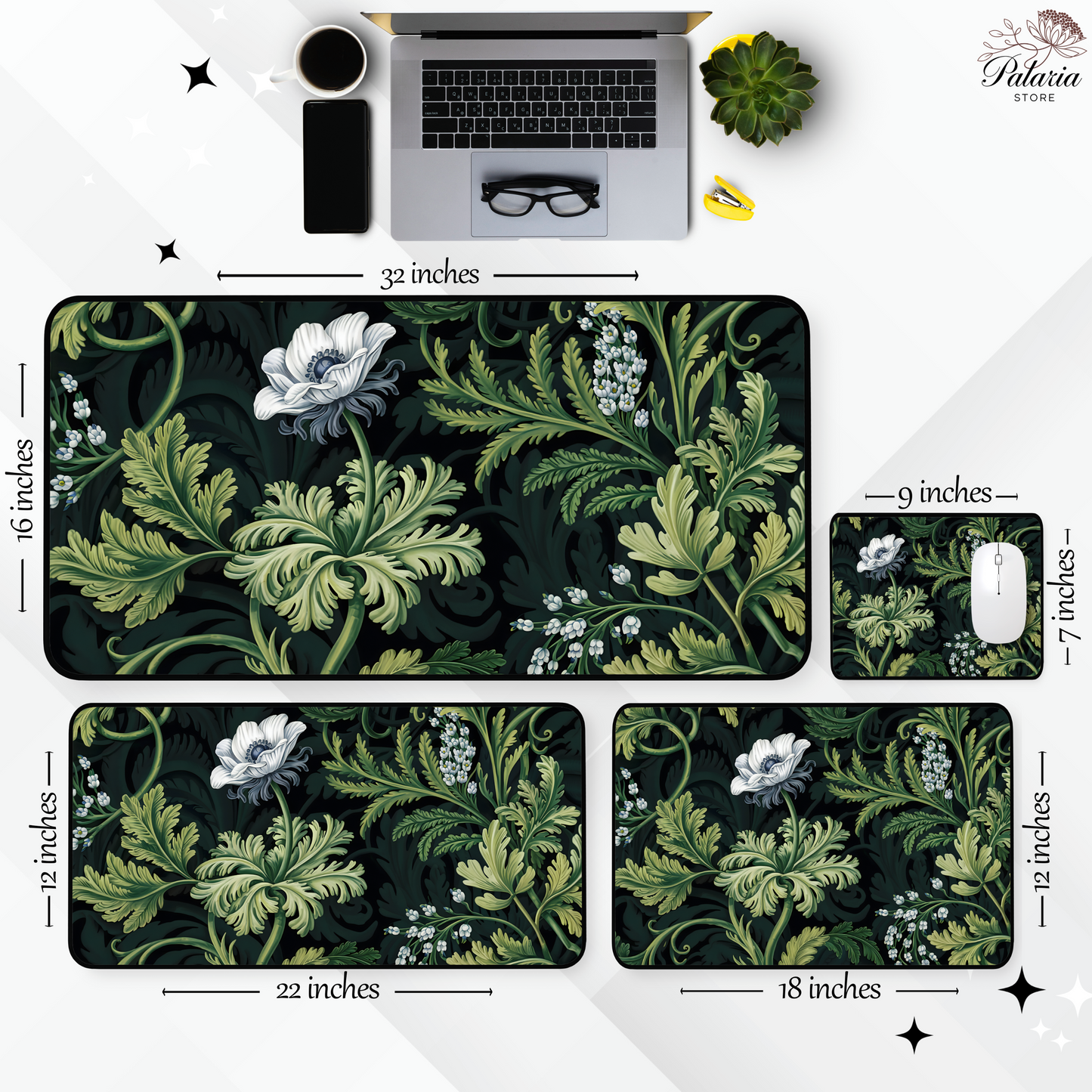 Botanical Desk Mat, Floral Sage Green Foliage, Large Extended Gaming Mouse Pad
