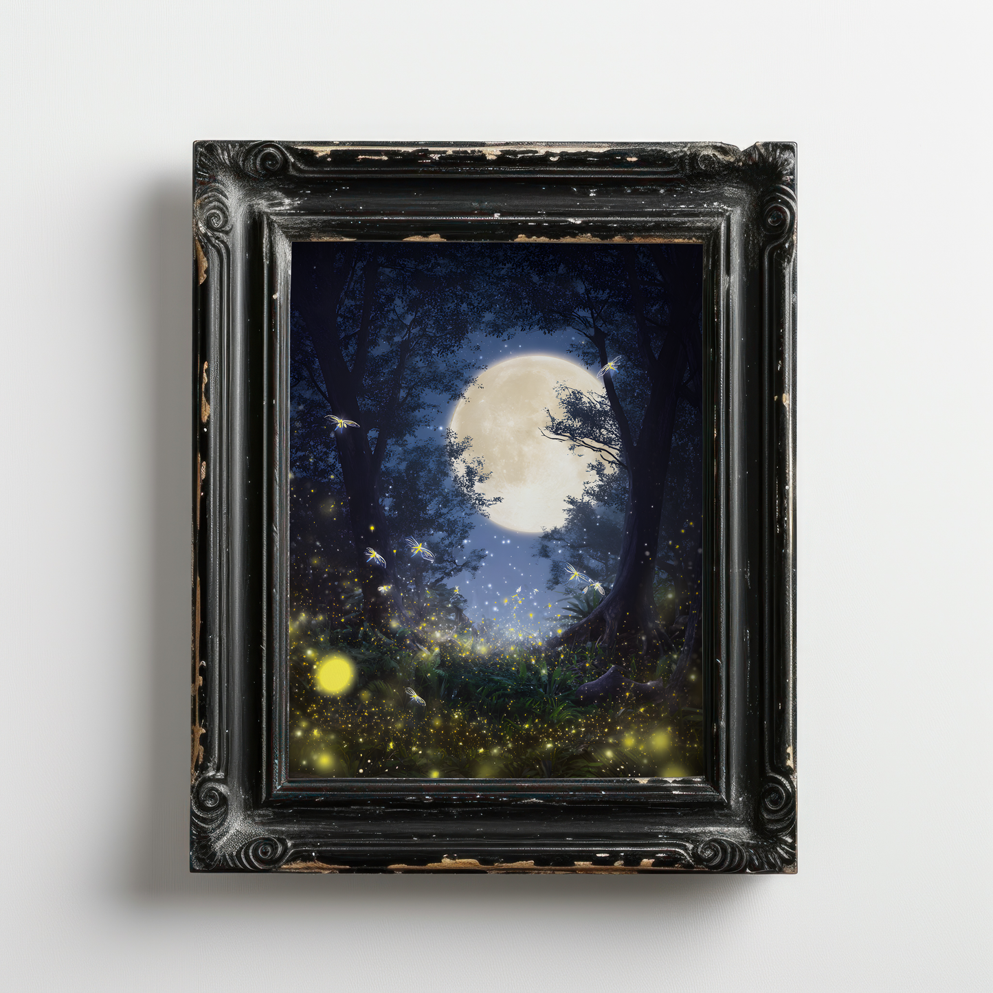 Eerie Haunted Night Forest Poster with Fireflies and Glowing Moon, Mystical Night Sky Poster for Bedroom or Living Room, Unframed Wall Decor