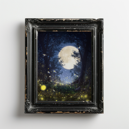 Eerie Haunted Night Forest Poster with Fireflies and Glowing Moon, Mystical Night Sky Poster for Bedroom or Living Room, Unframed Wall Decor
