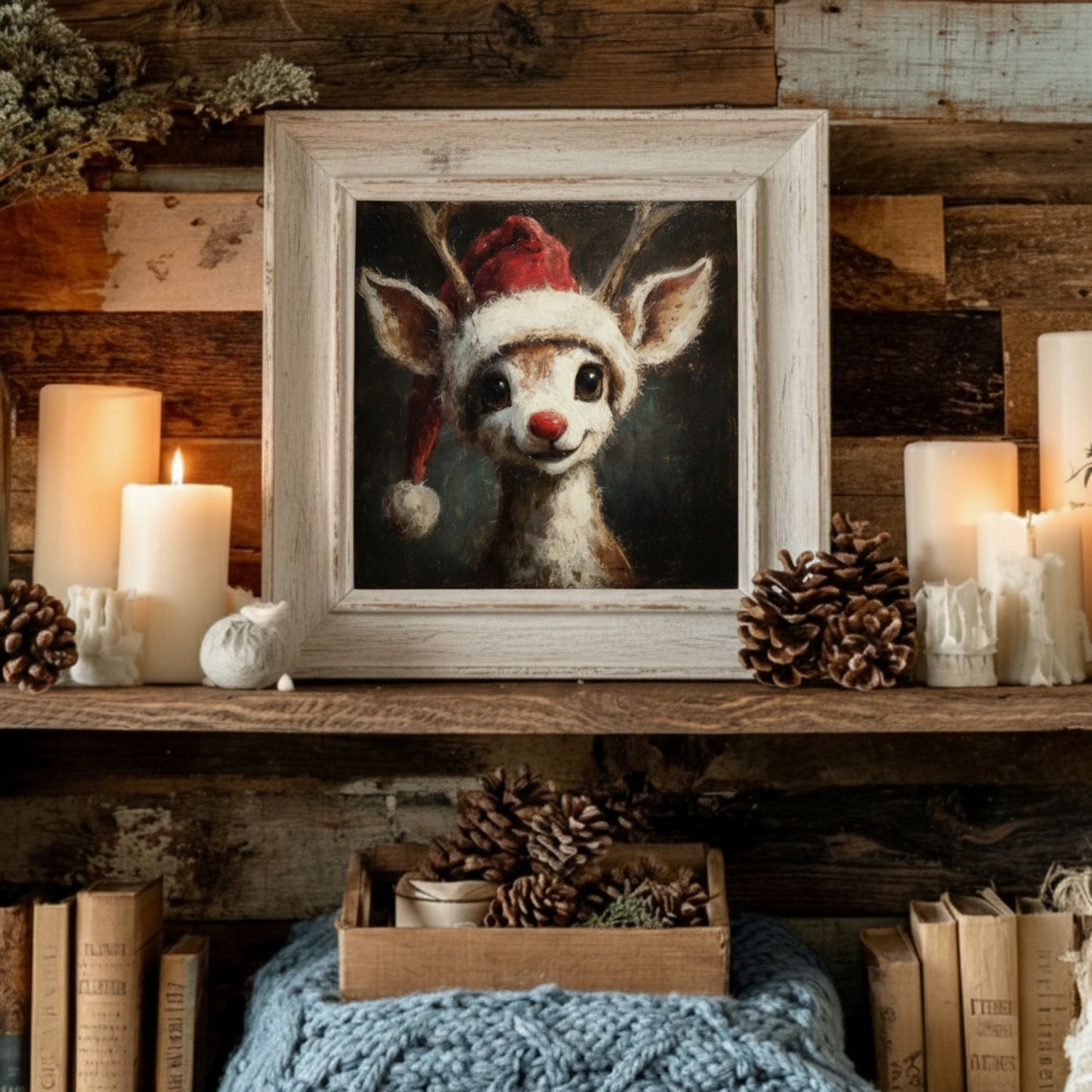 Vintage Rudolph Red Nose Reindeer Wearing Santa Hat Fine Art Poster, Whimsical Christmas Holiday Print, Home Decor Wall Art, Unframed