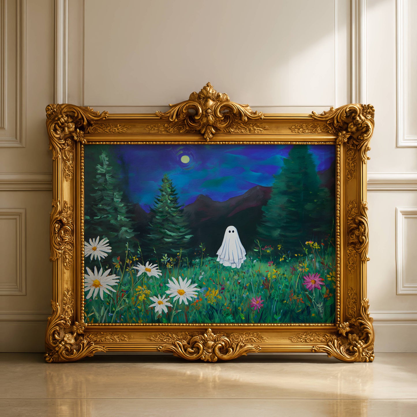 Haunted Ghost in Meadow Fine Art Poster, Eerie Ghost Moody Twilight Wildflower Meadow Print, Wall Art Home Decor, Unframed