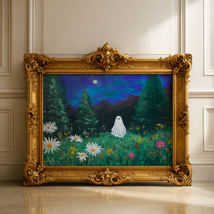 Haunted Ghost in Meadow Fine Art Poster, Eerie Ghost Moody Twilight Wildflower Meadow Print, Wall Art Home Decor, Unframed