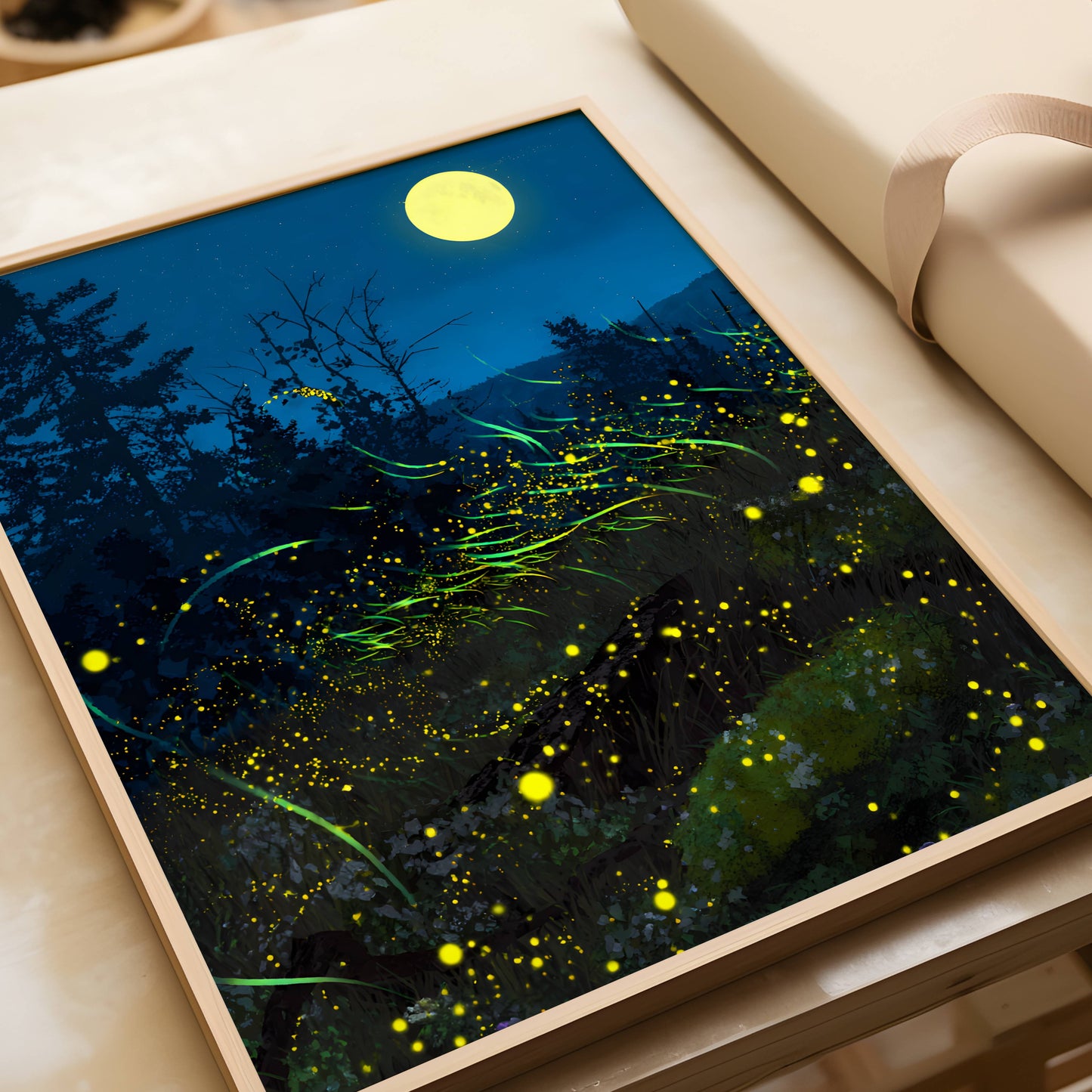 Enchanting Fireflies in a Forest Bush Poster, Whimsical Lightning Bugs Print, Magical Glow Bugs Forest Wall Art, Dreamy Home Decor, Unframed
