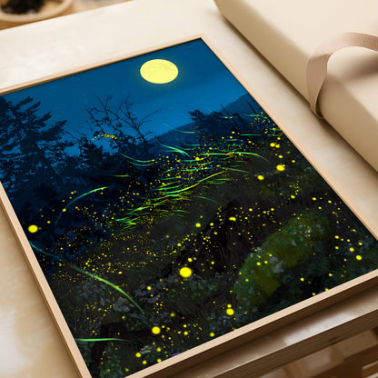 Enchanting Fireflies in a Forest Bush Poster, Whimsical Lightning Bugs Print, Magical Glow Bugs Forest Wall Art, Dreamy Home Decor, Unframed