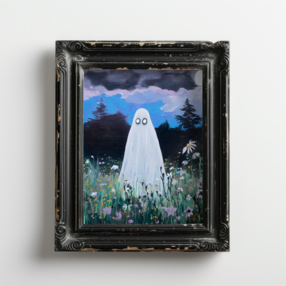 Haunted Ghost in Wildflower Field Poster, Spooky Ghost Poster Wall Art, Surreal Night Sky Print, Eerie Halloween Home Decor
