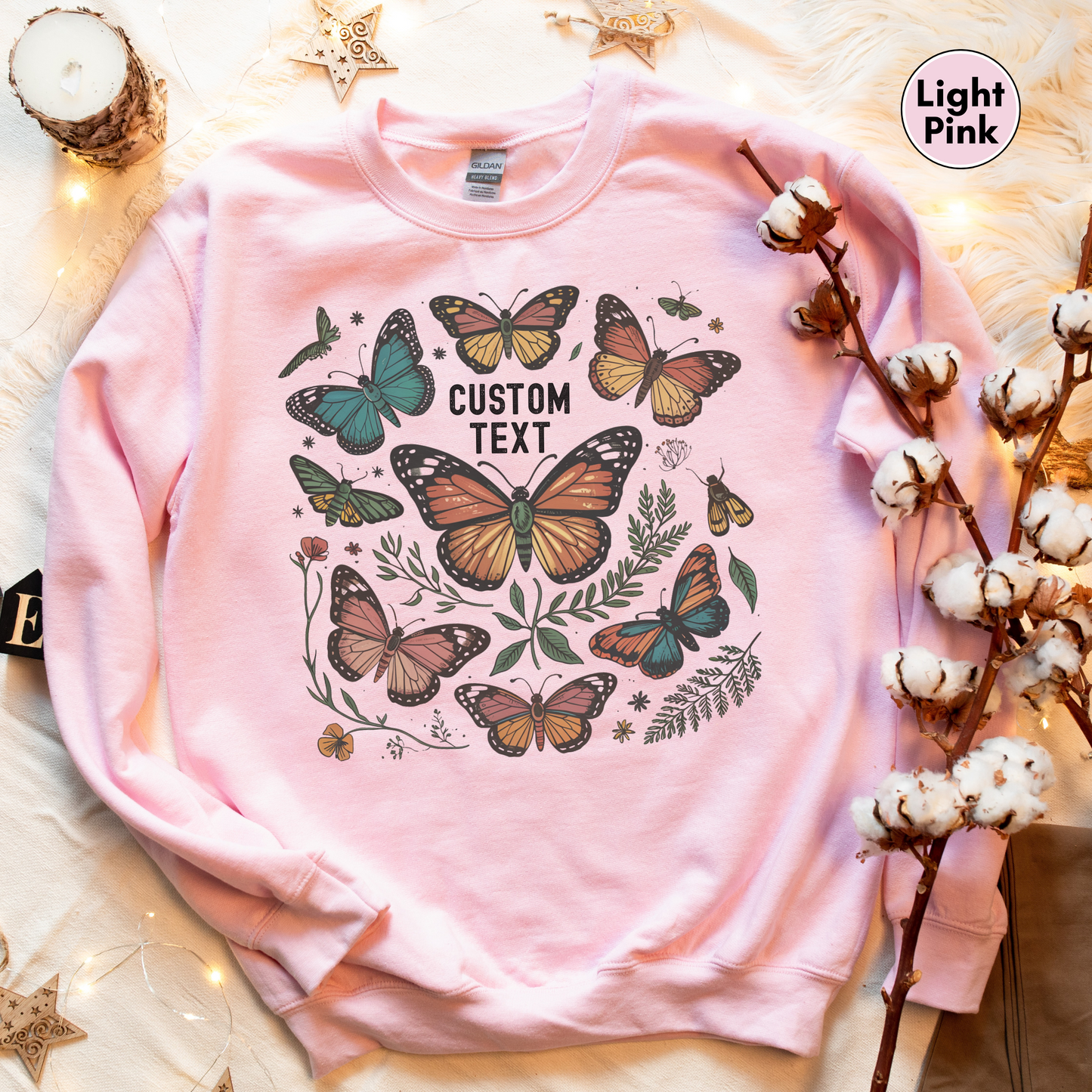 Custom Text Butterfly & Moth Sweatshirt, Personalized Cottagecore Pullover, Botanical Sweatshirt, Nature Lover Sweatshirt, Custom Text Sweatshirt