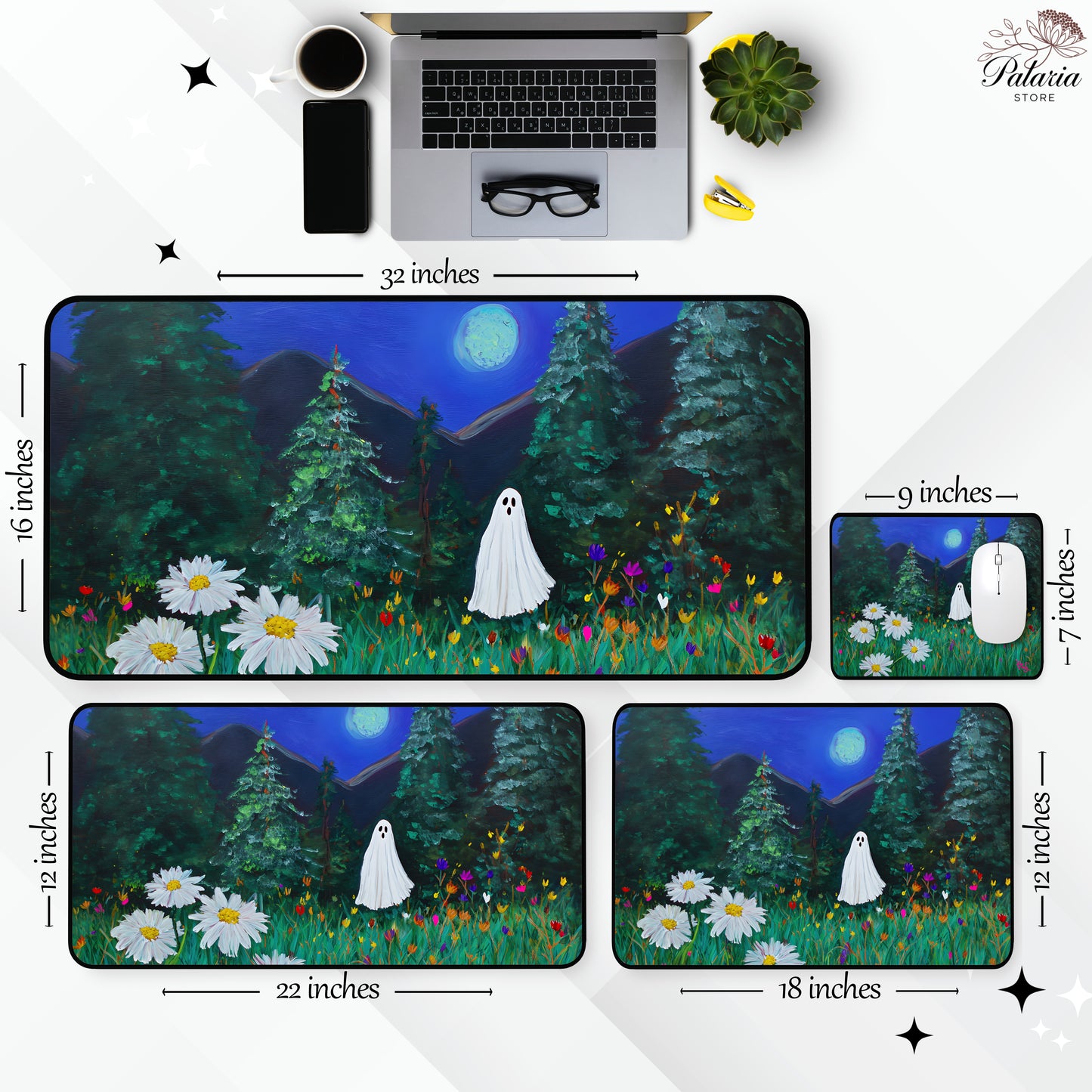 Haunted Ghost in Moonlit Forest Desk Mat, Large Extended Gaming Mouse Pad, Home Office Decor