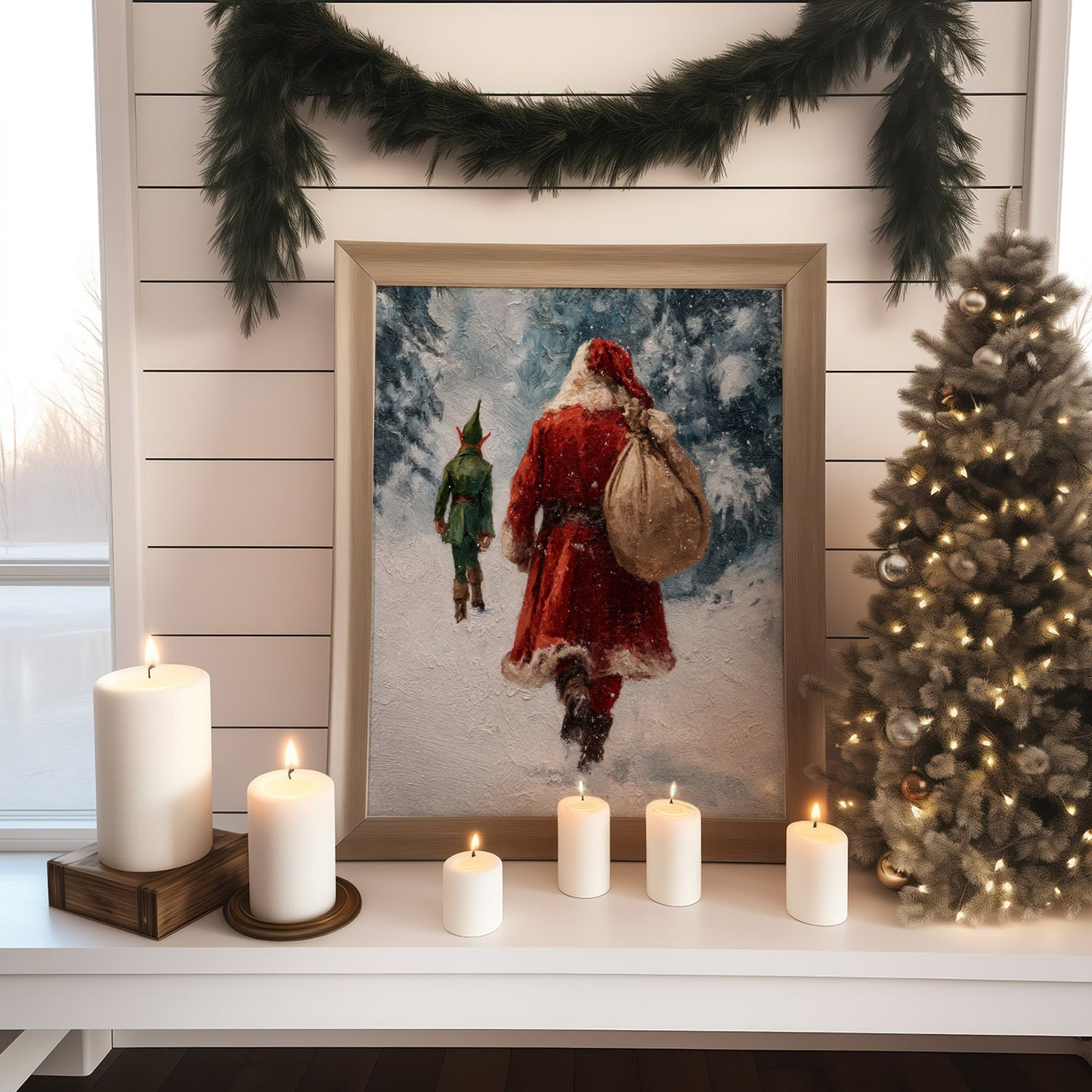 Vintage Santa Claus and Elf Walking Through Winter Forest Poster, Cozy Christmas Holiday Print, Home Decor Wall Art, Unframed