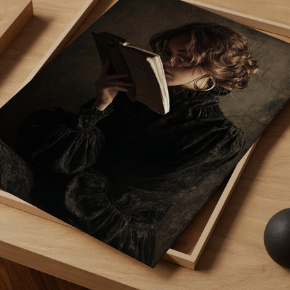 Victorian Woman Reading Book Poster, Moody Library Print, Vintage Style Painting, Wall Art for Book Lovers and Readers, Printed and Shipped