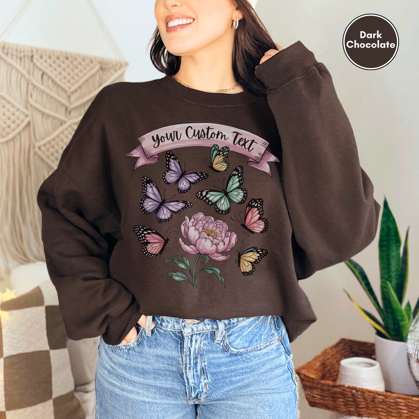 Custom Text Butterfly Flower Sweatshirt, Personalized Nature Pullover, Pastel Monarch Butterfly Graphic Top, Gift for Her, Garden Sweatshirt
