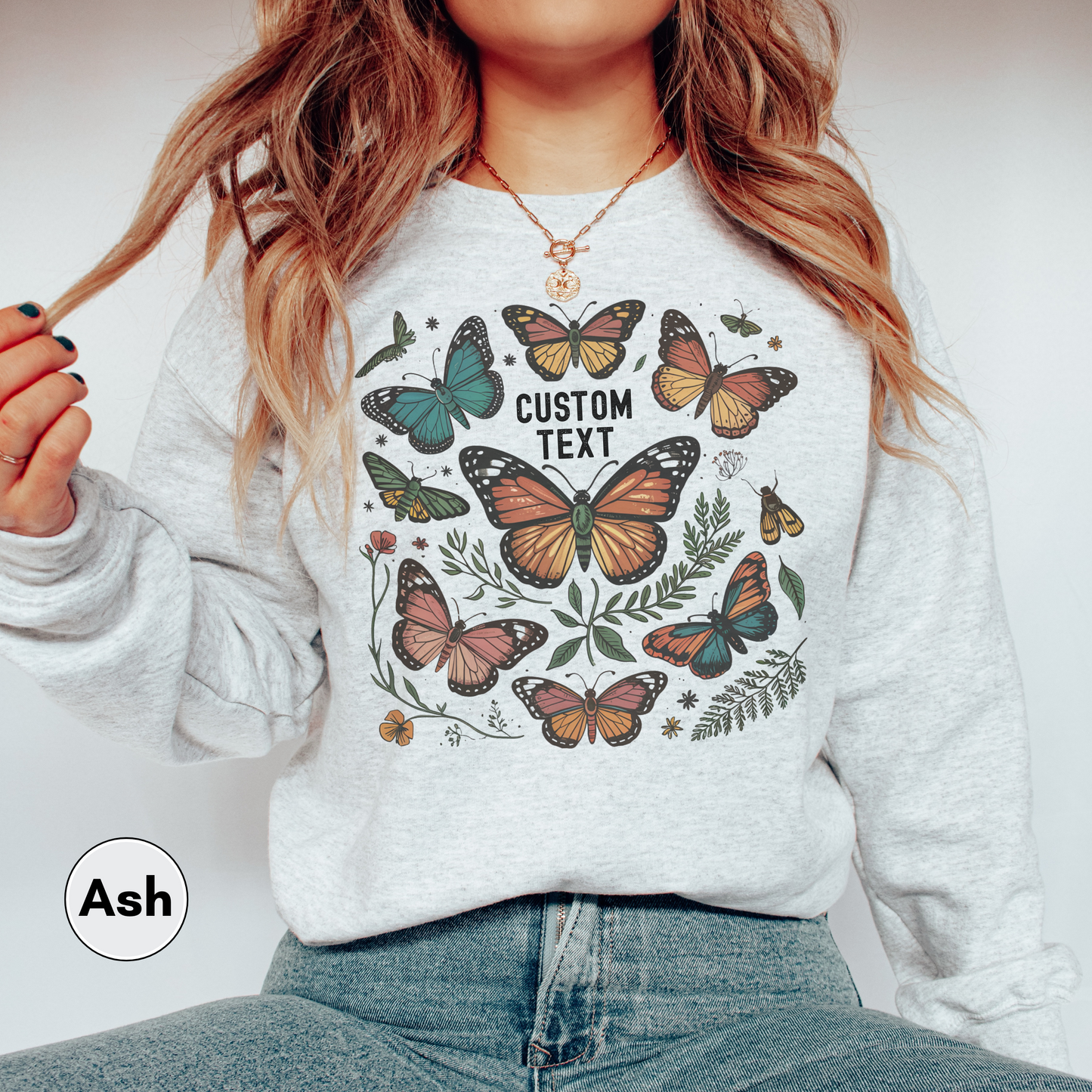 Custom Text Butterfly & Moth Sweatshirt, Personalized Cottagecore Pullover, Botanical Sweatshirt, Nature Lover Sweatshirt, Custom Text Sweatshirt