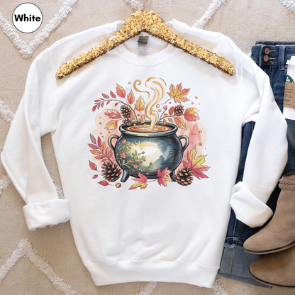 Autumn Cauldron Sweatshirt, Fall Leaves Pullover, Witchy Halloween Sweatshirt, Nature Lover Gift for Her, Cozy Fall Witchy Vibes Sweatshirt
