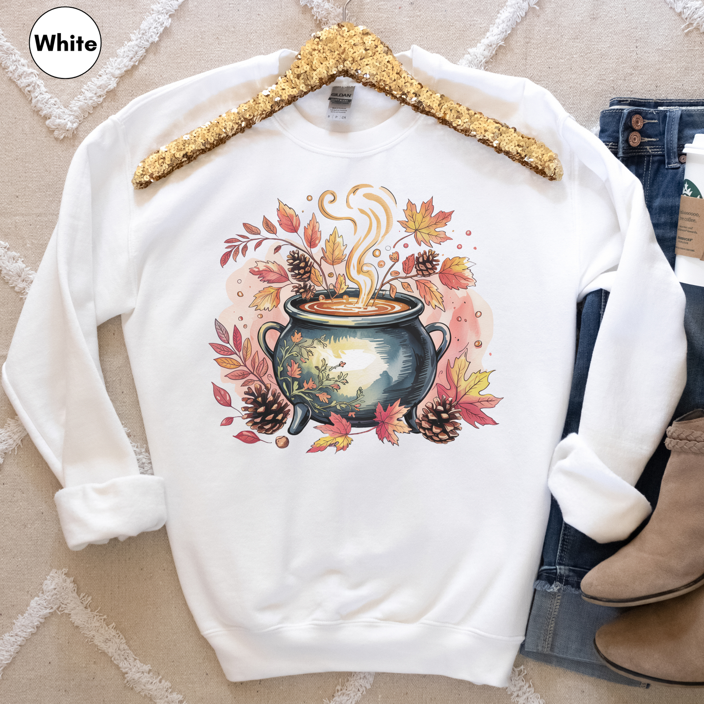 Autumn Cauldron Sweatshirt for Women, Fall Leaves Pullover, Cozy Fall Witchy Vibes Sweatshirt