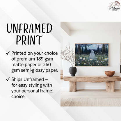 Haunted Ghost in Meadow Poster, Spooky Eerie Ghost Moonlit Wildflower Field Wall Art Print