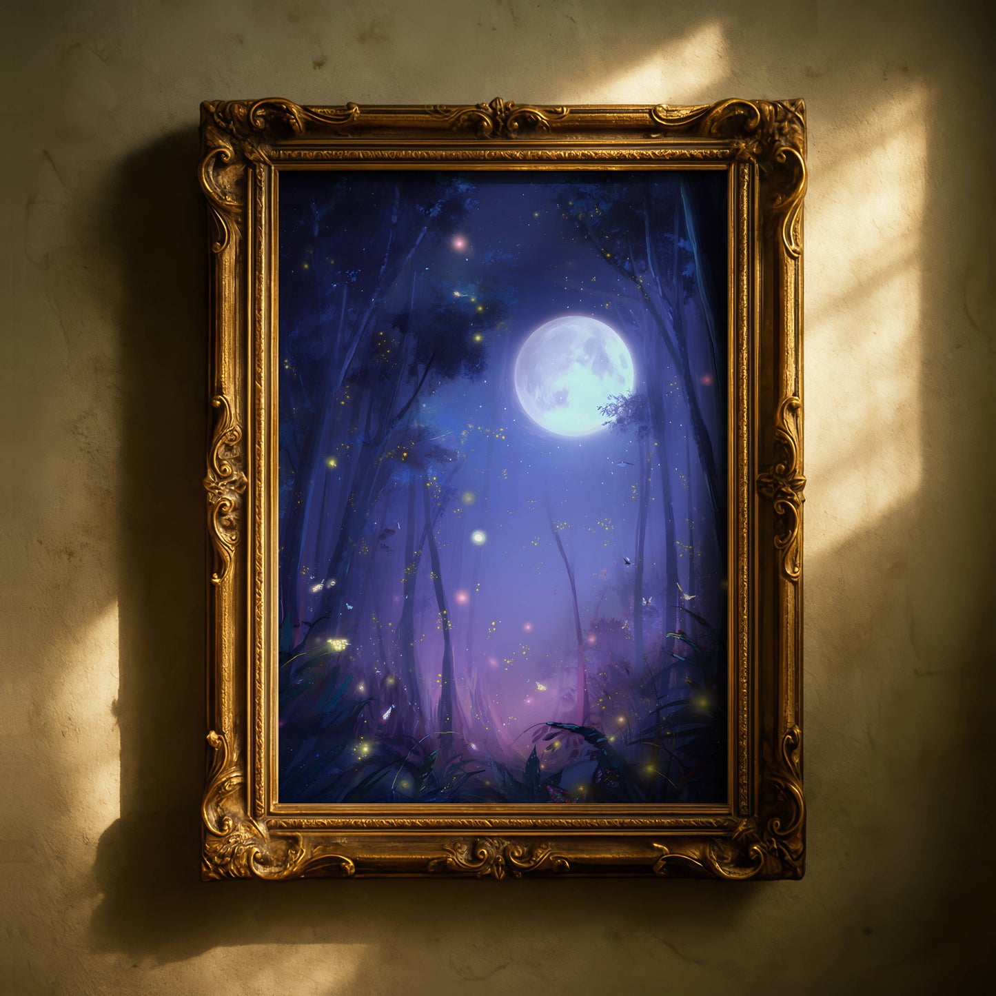 Magical Moonlit Fireflies Forest Poster, Enchanting Firefly Print, Tranquil Glow Bug Wall Art, Lantern Bug Art, Dreamy Room Decor, Unframed