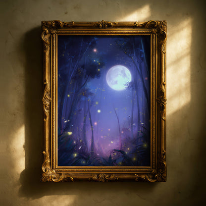 Magical Moonlit Fireflies Forest Poster, Enchanting Firefly Print, Tranquil Glow Bug Wall Art, Lantern Bug Art, Dreamy Room Decor, Unframed