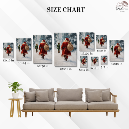 Vintage Santa Claus and Elf Walking Through Winter Forest Poster, Cozy Christmas Holiday Print, Home Decor Wall Art, Unframed