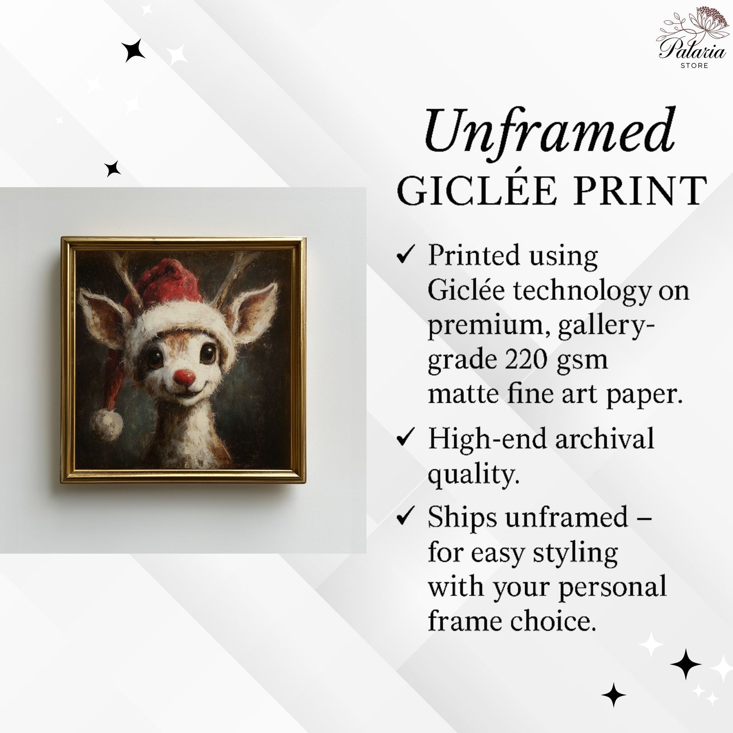 Vintage Rudolph Red Nose Reindeer Wearing Santa Hat Fine Art Poster, Whimsical Christmas Holiday Print, Home Decor Wall Art, Unframed