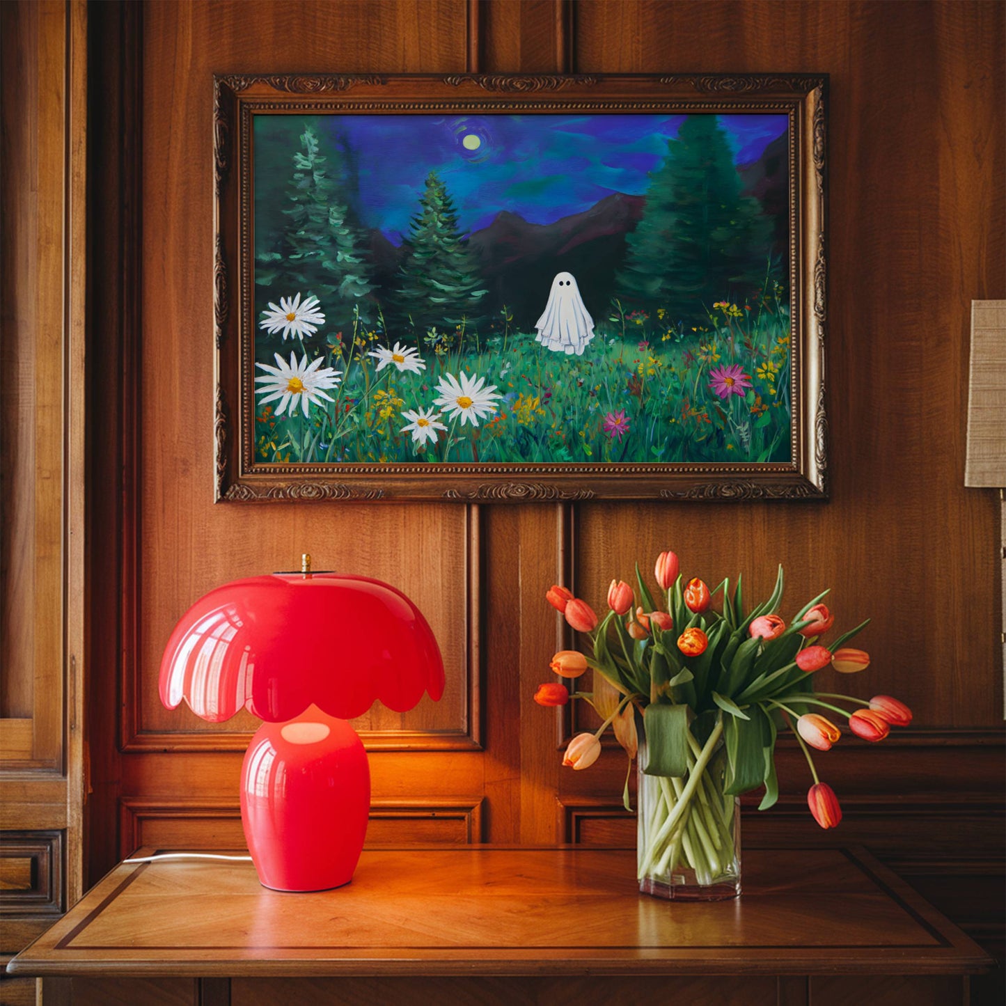 Haunted Ghost in Meadow Fine Art Poster, Eerie Ghost Moody Twilight Wildflower Meadow Print, Wall Art Home Decor, Unframed