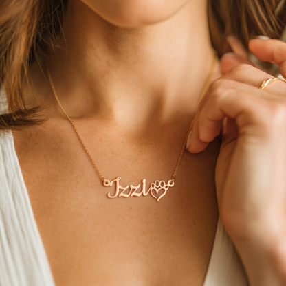 Personalized Pet Paw Name Necklace, 18k Gold Plated Custom Cat Paw Heart Pendant, Custom Dog Name Necklace, Cat Nameplate Necklace