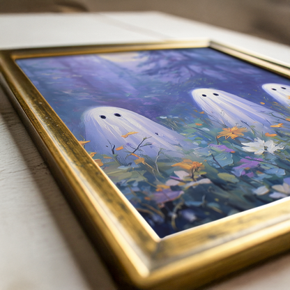 Three Ghosts Under Moonlight in Forest Amongst Wildflowers Poster, Creepy Ghosts Print, Spooky Home Decor Wall Art, Unframed Decor for Home