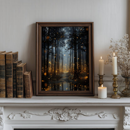 Enchanted Fireflies Forest Fine Art Poster, Magical Golden Glow Woodland Path Print, Mystical Nature Firefly Wall Art, Unframed