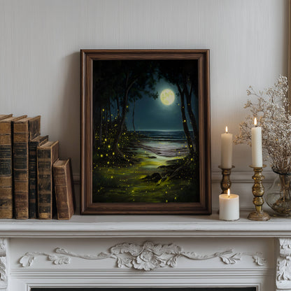 Enchanting Fireflies in a Moonlit Ocean Poster, Whimsical Lightning Bugs Print, Magical Glow Bugs Forest Wall Art, Dreamy Home Decor, Unframed
