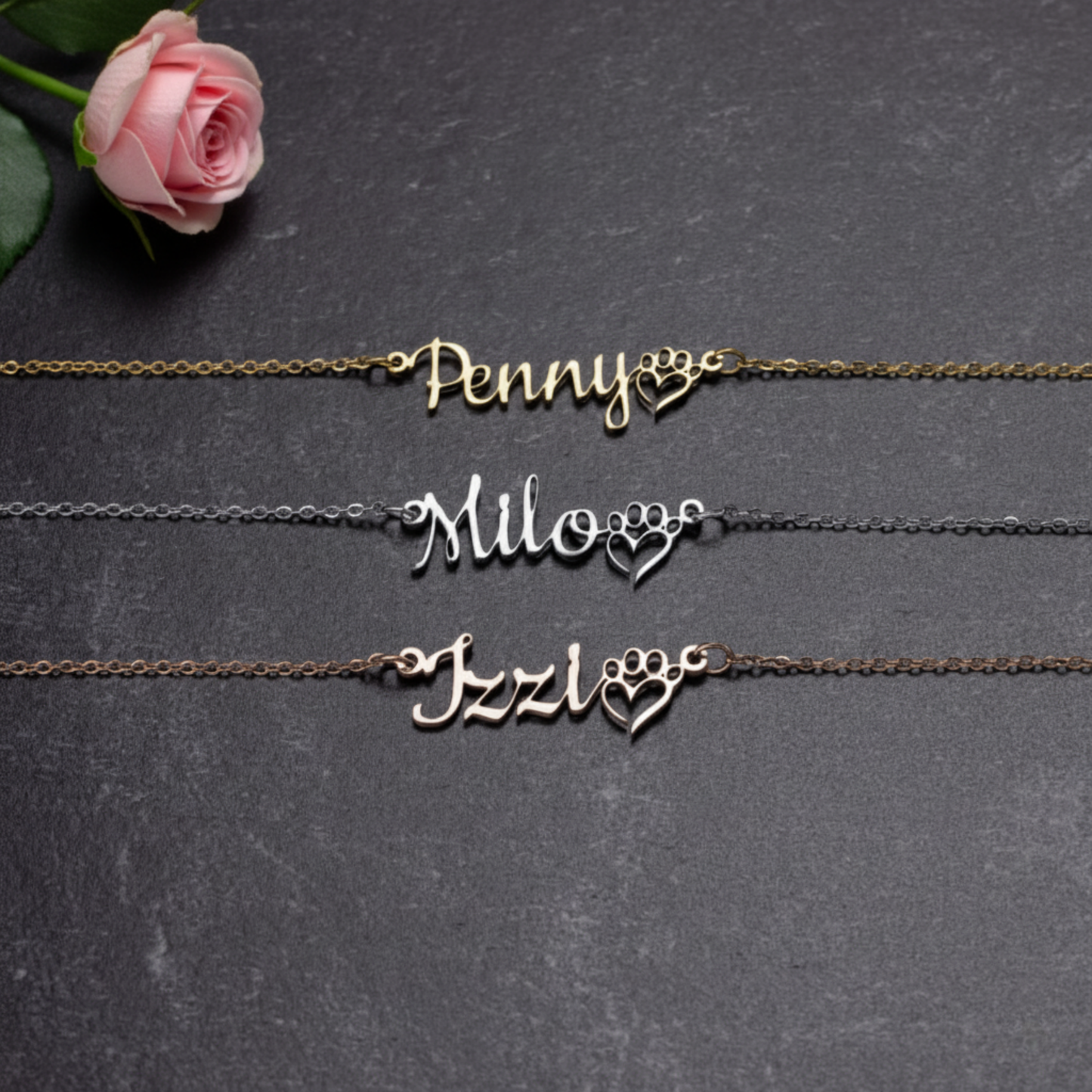 Personalized Dog Paw Name Necklace, 18k Gold Plated Custom Cat Nameplate Necklace