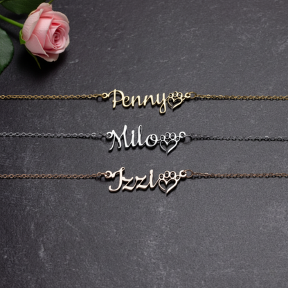 Personalized Dog Paw Name Necklace, 18k Gold Plated Custom Cat Nameplate Necklace