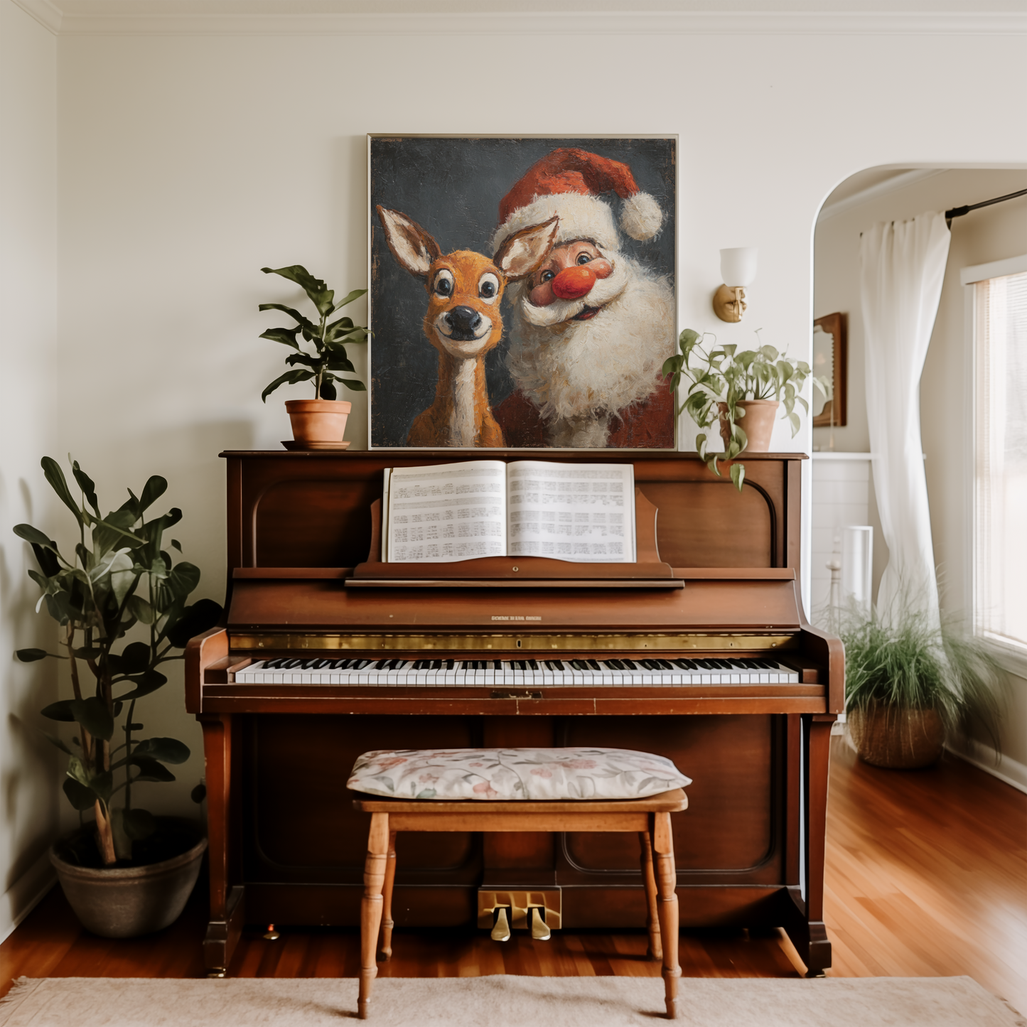 Retro Santa and Reindeer Christmas Poster, Vintage Holiday Print with Cheerful Seasonal Charm, Nostalgic Christmas Wall Art, Unframed