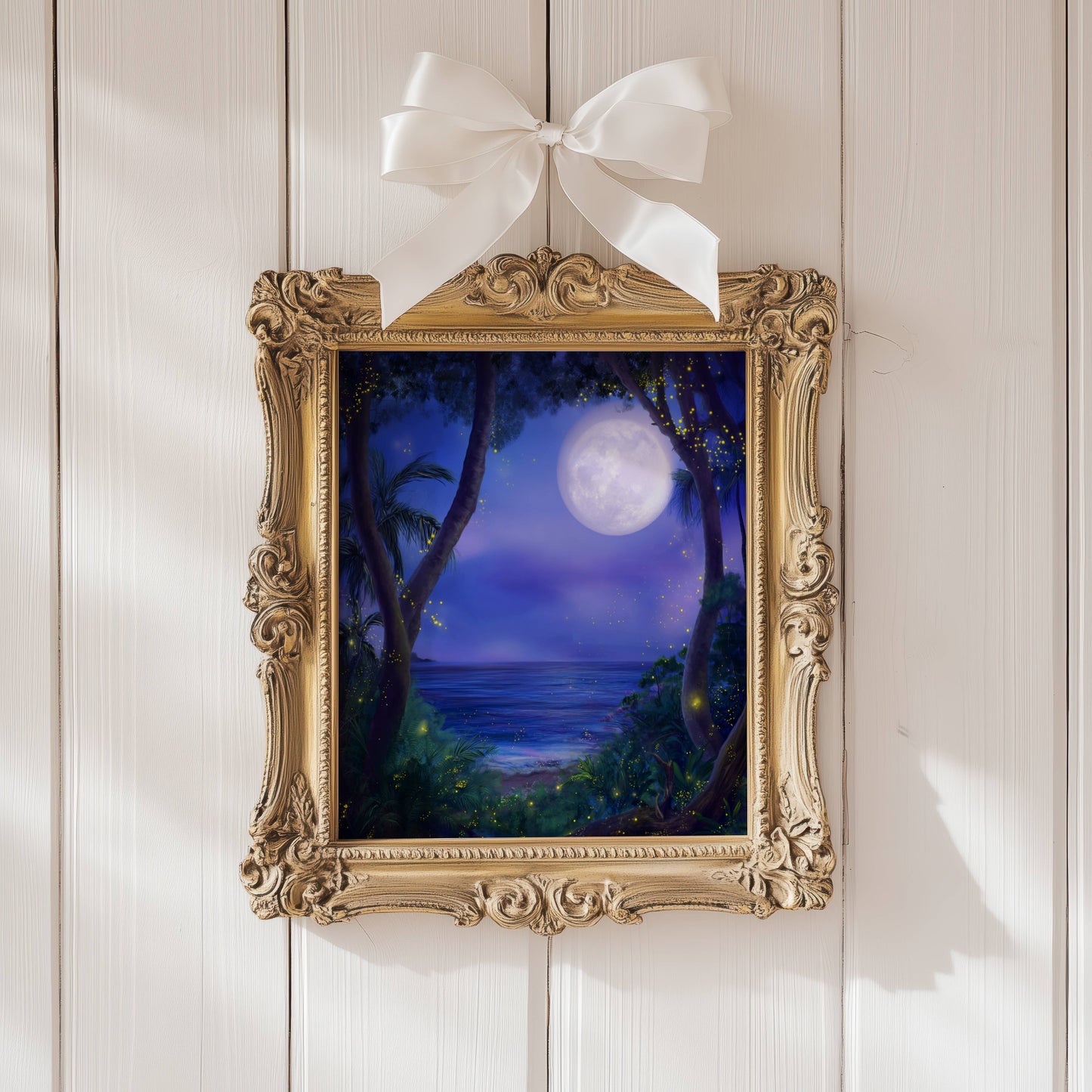 Fireflies and Lightning Bugs in Forest Poster, Dreamy Moonlit Ocean Night Print, Enchanted Nature Wall Art, Unframed