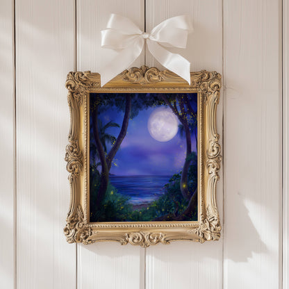 Fireflies and Lightning Bugs in Forest Poster, Dreamy Moonlit Ocean Night Print, Enchanted Nature Wall Art, Unframed