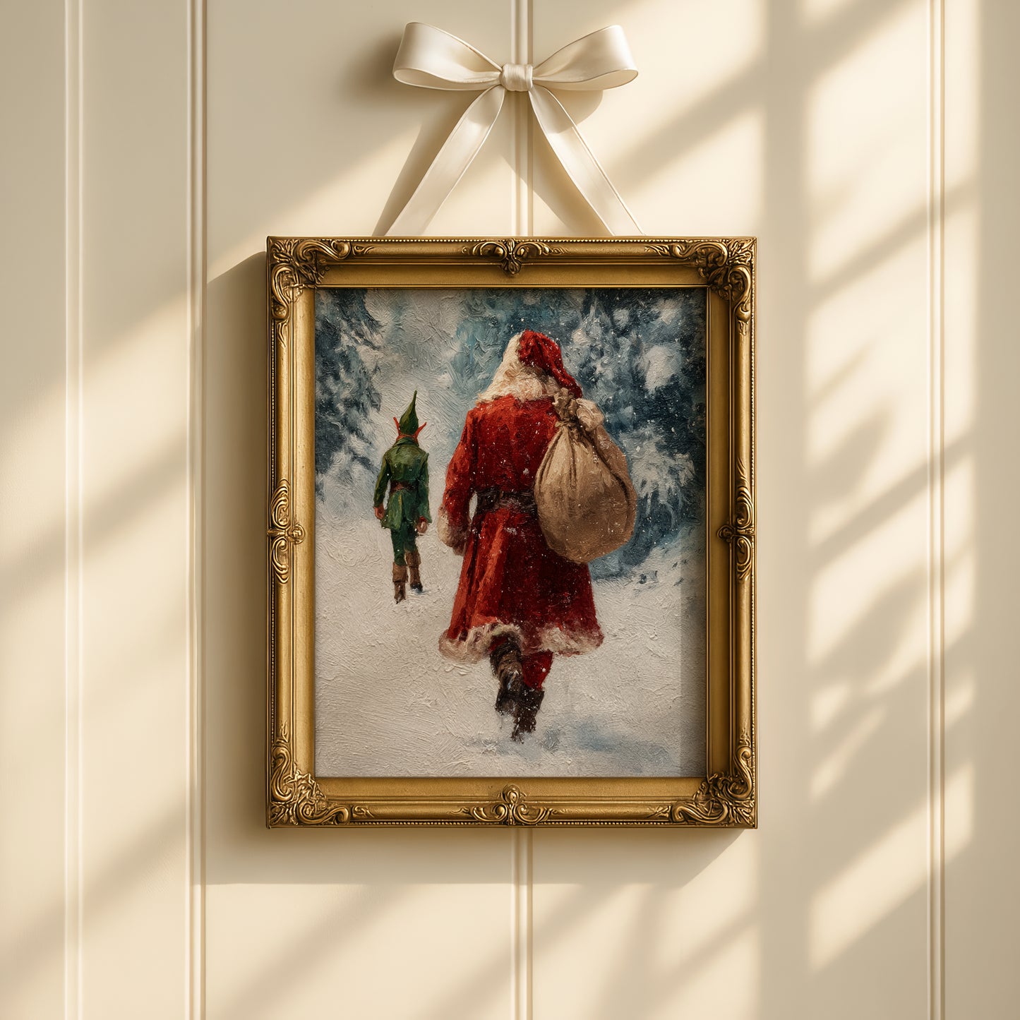 Vintage Santa Claus and Elf Walking Through Winter Forest Poster, Cozy Christmas Holiday Print, Home Decor Wall Art, Unframed