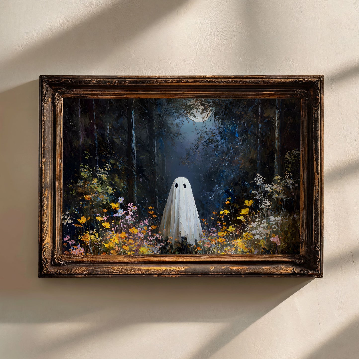 Ghost in Moonlit Wildflower Forest Poster, Ethereal Ghost Print, Home Decor Wall Art, Unframed