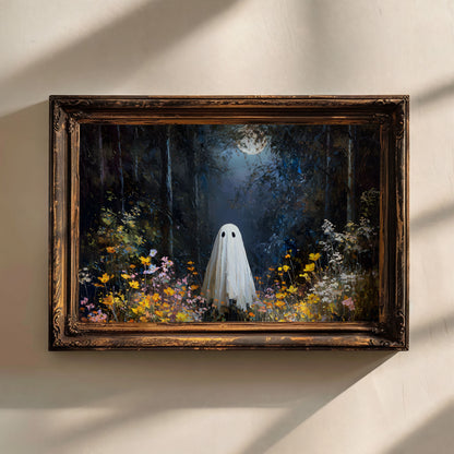 Ghost in Moonlit Wildflower Forest Poster, Ethereal Ghost Print, Home Decor Wall Art, Unframed