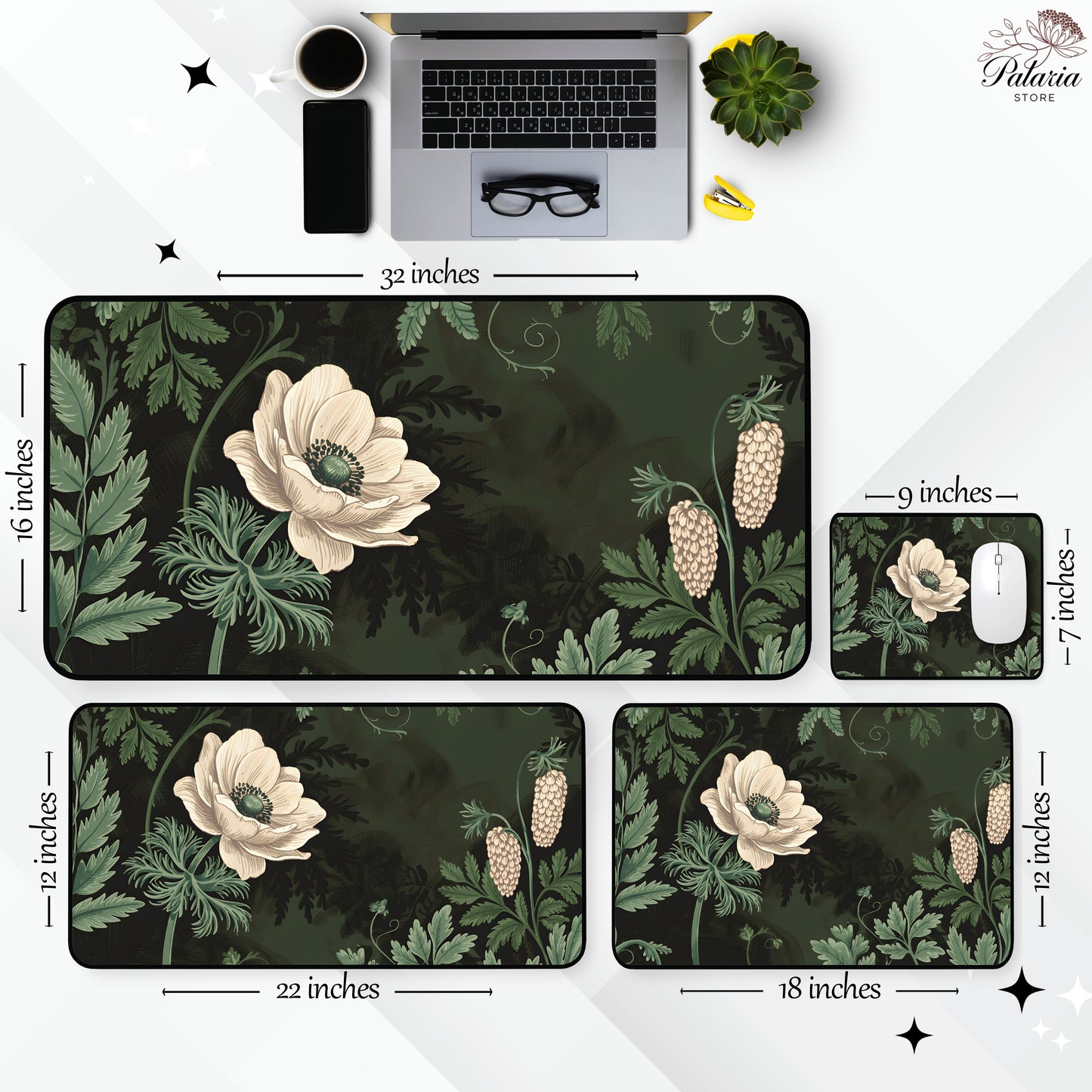 Sage Green Botanical Vintage Art Nouveau Mouse Pad, Dark Floral Green Plants Mousepad, Home Office Decor