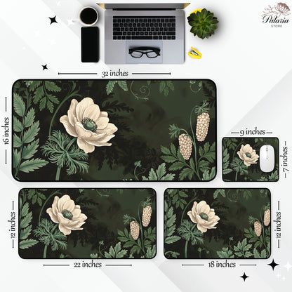 Sage Green Botanical Vintage Art Nouveau Mouse Pad, Dark Floral Green Plants Mousepad, Home Office Decor