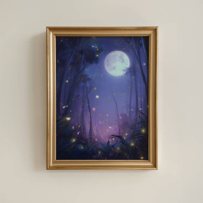 Enchanting Fireflies in a Forest Poster, Whimsical Lightning Bugs Print, Magical Glow Bugs Forest Wall Art, Dreamy Home Decor, Unframed