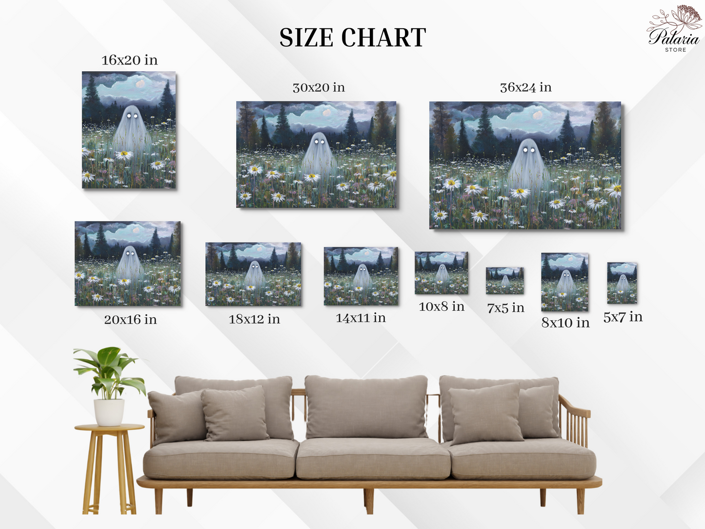Haunted Ghost in Meadow Poster, Spooky Eerie Ghost Moonlit Wildflower Field Wall Art Print