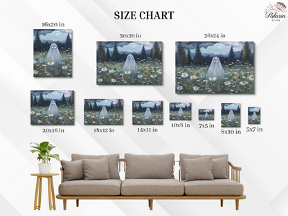 Haunted Ghost in Meadow Poster, Spooky Eerie Ghost Moonlit Wildflower Field Wall Art Print