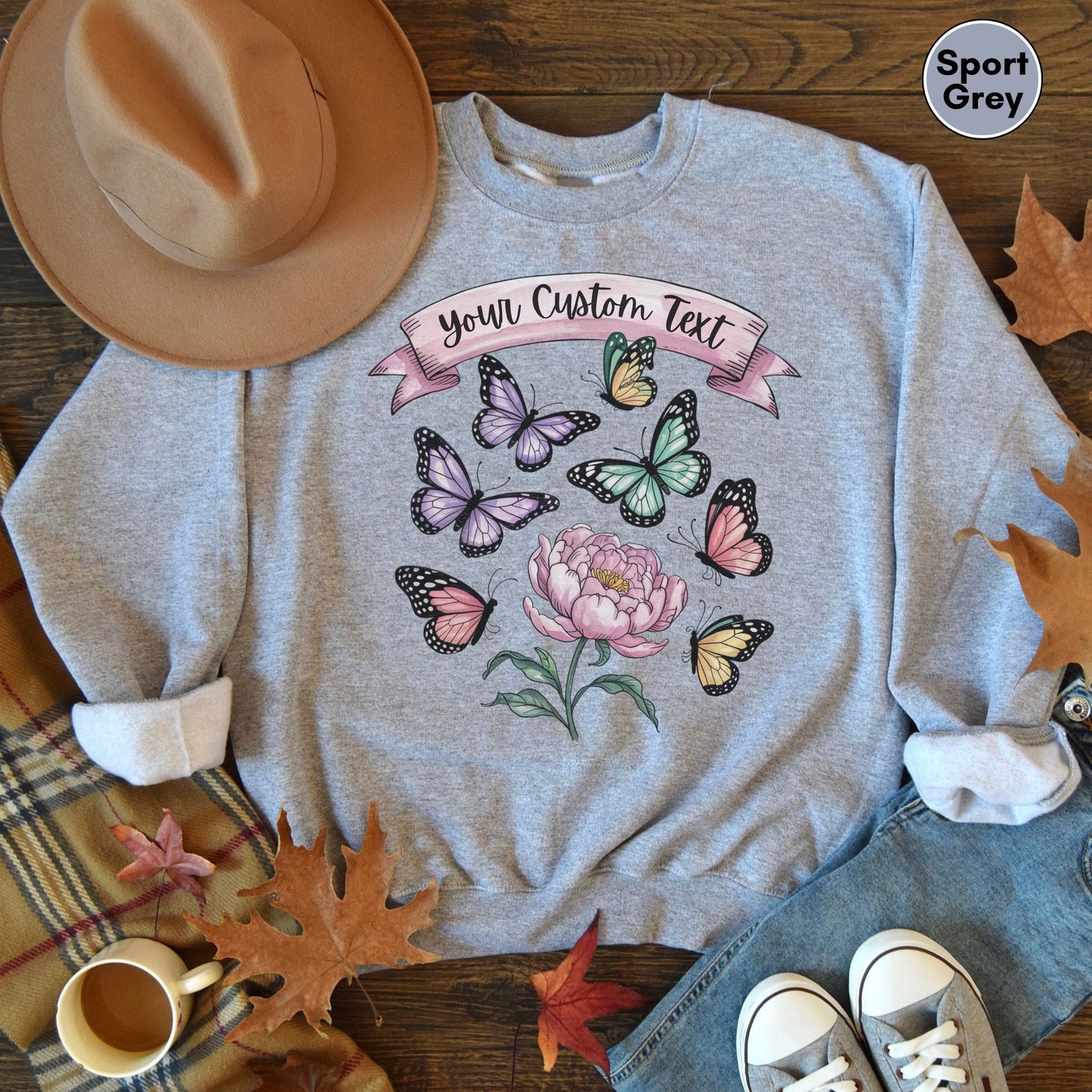 Custom Text Butterfly Flower Sweatshirt, Personalized Nature Pullover, Pastel Monarch Butterfly Graphic Top, Gift for Her, Garden Sweatshirt