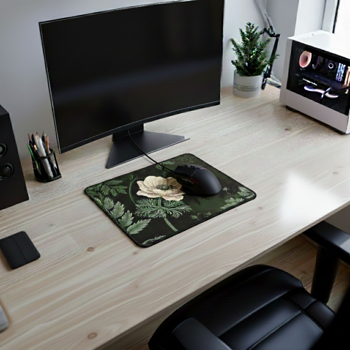 Sage Green Botanical Vintage Art Nouveau Mouse Pad, Dark Floral Green Plants Mousepad, Home Office Decor