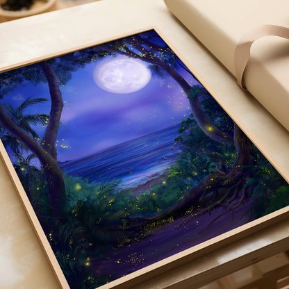 Fireflies and Lightning Bugs in Forest Poster, Dreamy Moonlit Ocean Night Print, Enchanted Nature Wall Art, Unframed