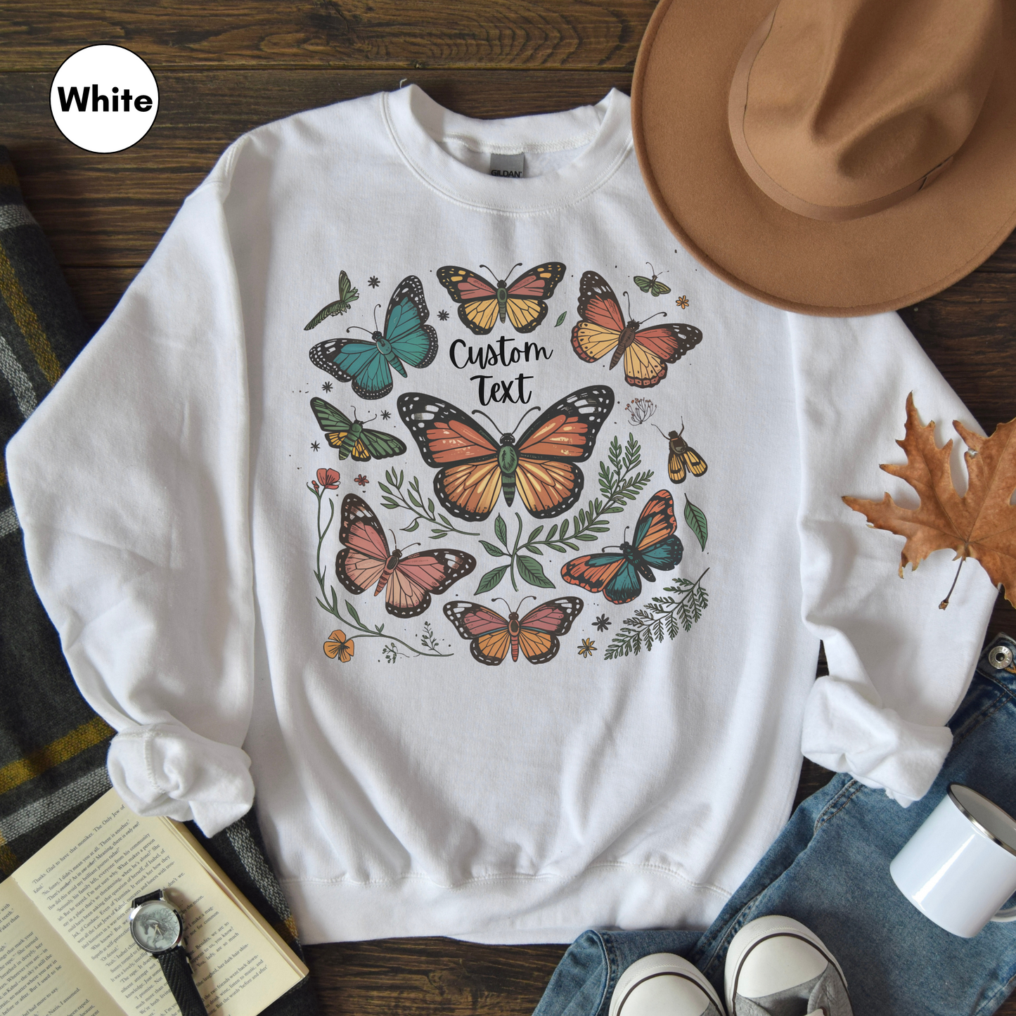 Custom Text Butterfly & Moth Sweatshirt, Personalized Cottagecore Pullover, Botanical Sweatshirt, Nature Lover Sweatshirt, Custom Text Sweatshirt