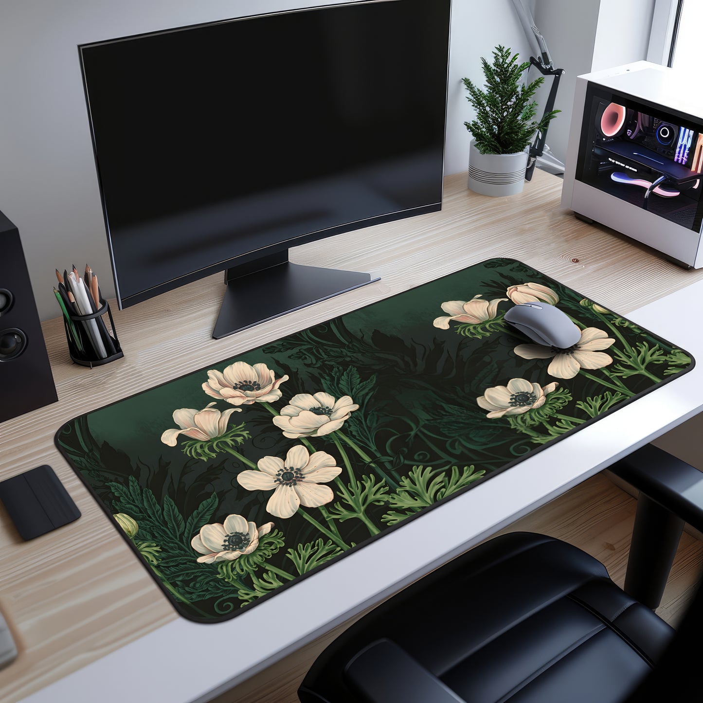 Vintage Art Nouveau Botanical Desk Mat, Sage Green Large Extended Gaming Desk Mat Mousepad