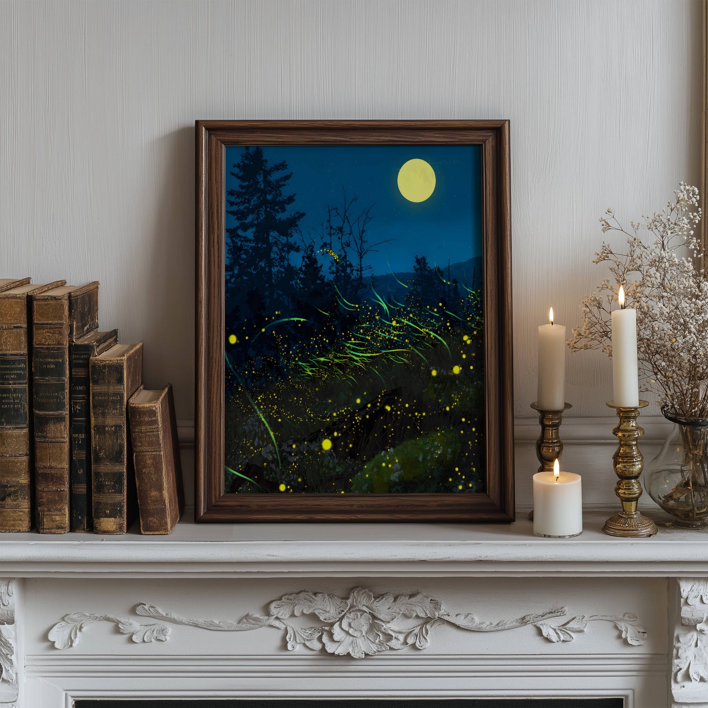 Enchanting Fireflies in a Forest Bush Poster, Whimsical Lightning Bugs Print, Magical Glow Bugs Forest Wall Art, Dreamy Home Decor, Unframed