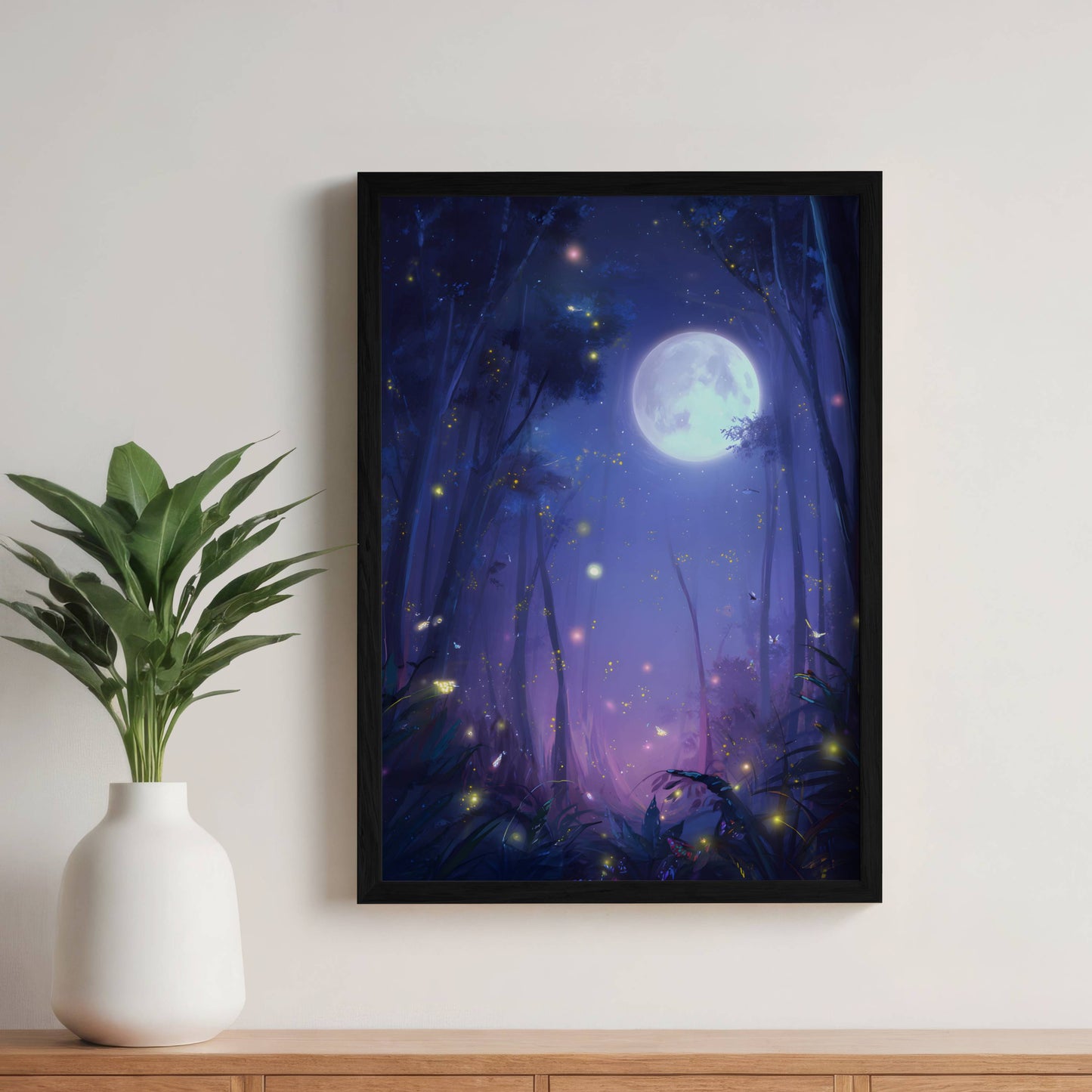 Magical Moonlit Fireflies Forest Poster, Enchanting Firefly Print, Tranquil Glow Bug Wall Art, Lantern Bug Art, Dreamy Room Decor, Unframed